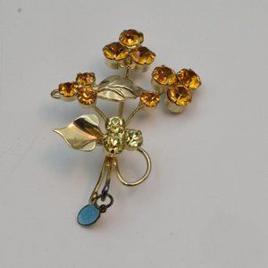 Citrine Rhinestone & Gold Tone Flower Brooch w/ Sterling Madonna Charm Estate